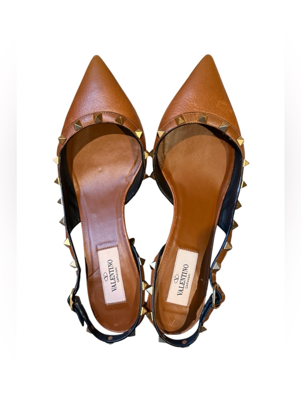 Auth Valentino Garavani Brown Leather Rockstud Pointed Toe Kitten Heels - 38